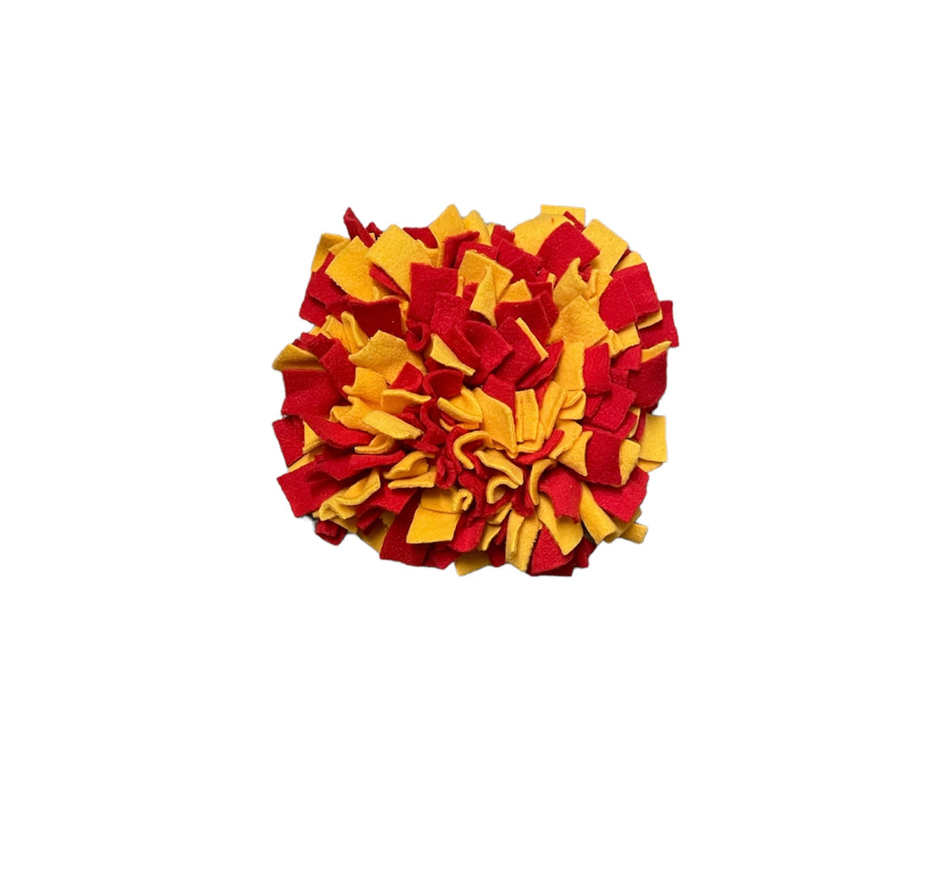 Snuffle mat yellow and red enrichment dog toy
